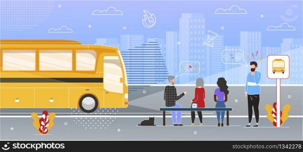 Modern City Public Transport Flat Vector Concept with Female and Male, Multinational Passengers Sitting on Bench, Waiting for Bus, Talking on Phone on Outdoor Bus Stop or Station Platform Illustration