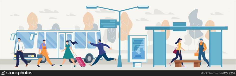 Modern City Public Transport System Flat Vector Concept with People Walking on Sidewalk, Passenger Waiting Bus on Stop, or Station Platform, Man Hurrying, Running Because of Late on Bus Illustration