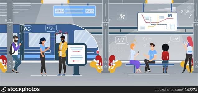 Modern City Rapid Transit System Station Flat Vector Concept with Multinational Passengers, Tourists Talking, Using Cellphones and Waiting for Train on Subway Underground Station Platform Illustration