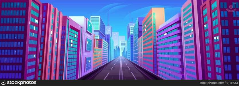 Modern city road perspective. Contemporary vector illustration of urbant street with empty asphalt driveway and high-rise apartment and office buildings under clear blue sky. Cityscape background. Modern city road perspective