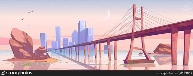 Modern city skyline at early morning, metropolis with low-water bridge over the ocean under pink sky with crescent. Town cityscape with skyscraper buildings architecture, Cartoon vector illustration. Modern city skyline at early morning, metropolis