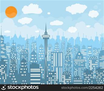Modern City skyline Daytime. Urban landscape. Blue city silhouette. vector illustration in flat design. city landscape. Cityscape backgrounds.. City skyline vector illustration.