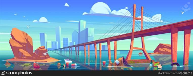 Modern city skyline view with low-water bridge and polluted ocean water with floating plastic garbage, Ecology contamination, cityscape with skyscraper buildings and trash, Cartoon vector illustration. Modern city skyline with bridge and polluted ocean