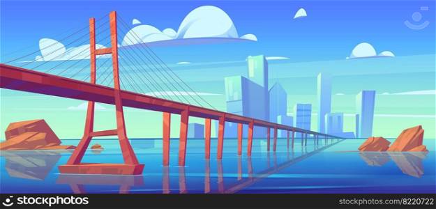 Modern city skyline view with low-water bridge, metropolis cityscape with skyscraper buildings architecture, glass towers under cloudy sky, town at ocean or sea coastline, cartoon vector illustration. Modern city skyline view with low-water bridge