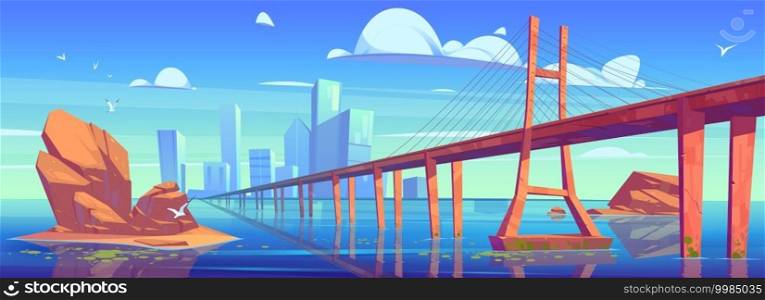Modern city skyline view with low-water bridge, metropolis cityscape with skyscraper buildings architecture, glass towers under cloudy sky, town at ocean or sea coastline, cartoon vector illustration. Modern city skyline view with low-water bridge