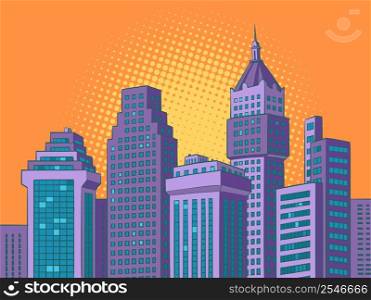 Modern city skyscrapers panorama of tall buildings, urban background. Pop art retro vector illustration comic caricature 50s 60s style vintage kitsch. Modern city skyscrapers panorama of tall buildings, urban background Pop art style