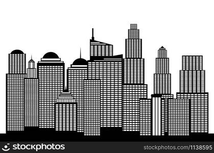 Modern city skyscrapers silhouettes in black and white illustration.