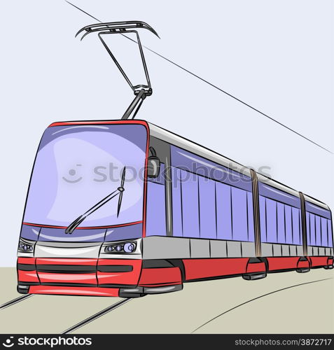 Modern city tram isolated on a blue background.. Tram.