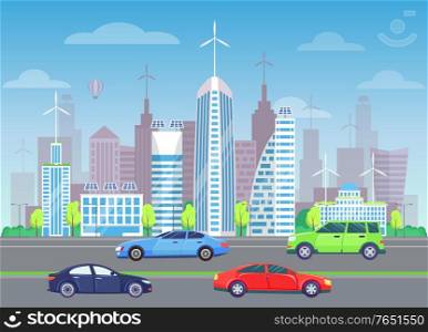 Modern city vector, contemporary look of cityscape. Trees and plans bushes along roads, cars and transports on streets. Solar batteries and skyscrapers. Modern Cityscape, Skyline with Transport Vehicle
