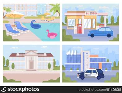 Modern city view and poolside flat color vector illustrations set. Scenes. Fully editable 2D simple cartoon landscapes with buildings on background pack. Bebas Neue, Akrobat fonts used. Modern city view and poolside flat color vector illustrations set