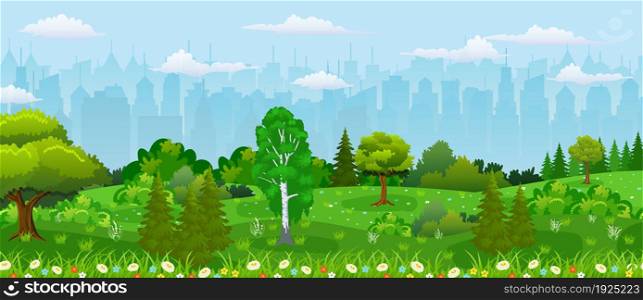 Modern city view. Cityscape with office and residental buildings, city park with trees and flowers, sky and clouds. Vector illustration in flat style. Modern city view.