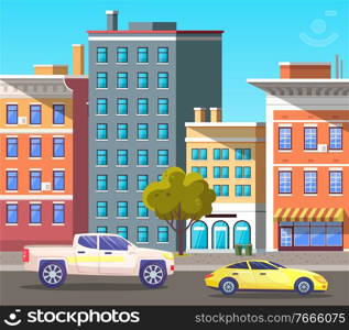 Modern cityscape of city with architecture and traffic. Cars on roads passing townscape with traditional buildings. Moving around town on vehicle. Scenery of urban life. Vector in flat style. Street in City Center with Vehicles Passing Houses