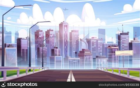 Modern cityscape with highway and plane in sky. Vector cartoon illustration of futuristic urban landscape, helicopter on roof of skyscraper, apartment houses and office buildings, clouds in blue sky. Modern cityscape with highway and plane in sky