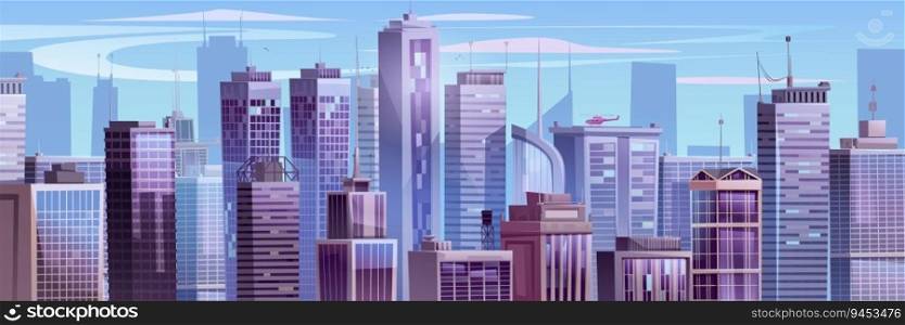 Modern cityscape with skyscrapers and helicopter on roof. Contemporary vector illustration of modern city, high-rise office or apartment buildings with many windows, birds flying in sky, urban skyline. Modern cityscape with skyscrapers and helicopter