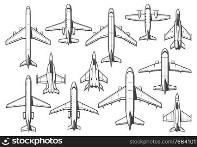 Modern civil and military aircraft set. Passenger airliner, business jet and cargo plane, army fighter or interceptor, bomber thin line vector. Commercial aviation and air forces combat airplanes. Modern civil and military aircraft vector set