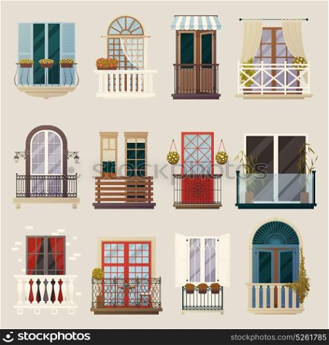 Modern Classic Vintage Balcony Elements Collection . House exterior design ideas with modern vintage and classic balconies style building facade elements collection vector illustration