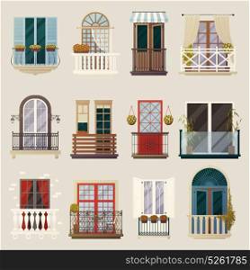 Modern Classic Vintage Balcony Elements Collection . House exterior design ideas with modern vintage and classic balconies style building facade elements collection vector illustration