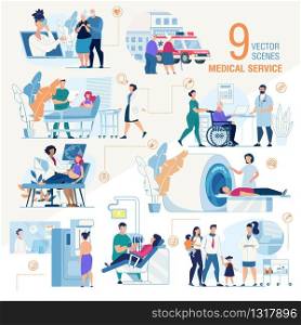 Modern Clinic Medical Services Trendy Flat Vector Scenes Set. Doctor Screening Pregnant Woman, Lady Visiting Dentist, Nurse Transporting Senior Man on Wheelchair, Doctor Consulting Family Illustration