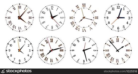 Modern clock faces. Minimalist watch, round clocks and watch face. Ticking clock timer measurement symbols, work time deadline metaphor. Isolated vector icons set. Modern clock faces. Minimalist watch, round clocks and watch face isolated vector set