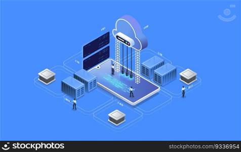 Modern cloud technology and networking concept. Cloud database, Futuristic server energy station. Data visualization concept. 3d isometric vector illustration.
