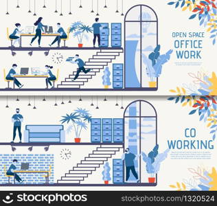 Modern Co-working Center, Innovative Company of Online Startup Flat Vector Ad Banners, Posters Templates Set with Company Employees, Internet Entrepreneurs, Freelancers Working in Office Illustration
