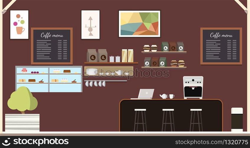 Modern Coffeehouse Coffee Shop Interior Design. Empty Trendy Cafe with Computer on Bar Counter. Comfortable Place for Freelancer to Rest and Work by Laptop. Flat Cartoon Vector Illustration. Modern Coffeehouse Coffee Shop Interior Design