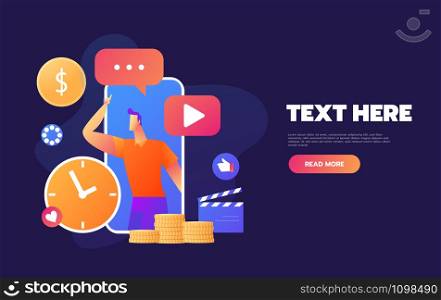 Modern colorful isometric vector illustration. characters watching live stream on smartphone screen, male blogger broadcasting, reviewing new devices. Modern colorful isometric vector illustration. characters watching live stream on smartphone screen, male blogger broadcasting, reviewing new devices.