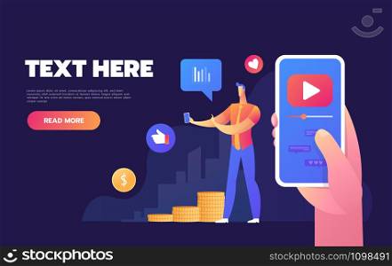 Modern colorful isometric vector illustration. characters watching live stream on smartphone screen, male blogger broadcasting, reviewing new devices. Modern colorful isometric vector illustration. characters watching live stream on smartphone screen, male blogger broadcasting, reviewing new devices.