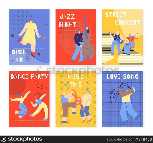 Modern Colorful Vertical Music Party Banners. Open Air Jazz Night Street Concert Dance Party Music Time Love Song Cards. Dance Musical Performance Festival Invitation. Flat Style Vector Illustration. Music Party Performing People Colorful Cards Set