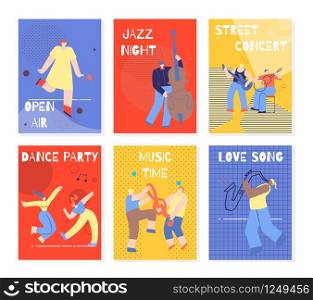 Modern Colorful Vertical Music Party Banners. Open Air Jazz Night Street Concert Dance Party Music Time Love Song Cards. Dance Musical Performance Festival Invitation. Flat Style Vector Illustration. Music Party Performing People Colorful Cards Set