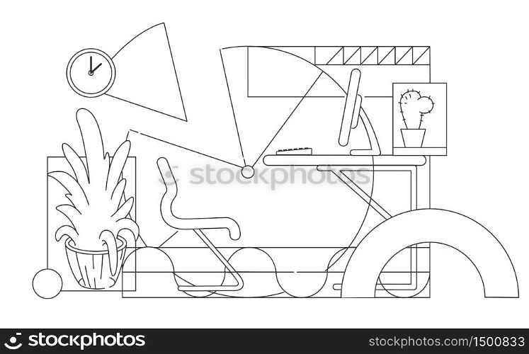 Modern comfortable equipped workplace outline vector illustration. Contemporary office interior design contour composition on white background. Corporate employee workspace simple style drawing