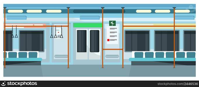 Modern comfortable subway train vector illustration. Blue exterior of underground train with bars and seats. Metro concept. Modern comfortable subway train vector illustration