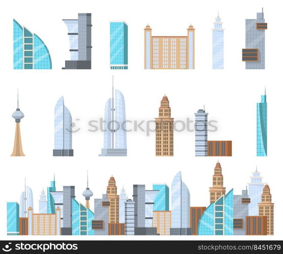 Modern commercial skyscrapers flat set for web design. Cartoon high-rise complex of city isolated vector illustration collection. building facade and business architecture concept