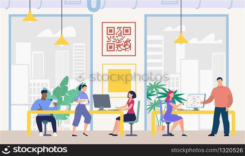 Modern Company Employees, Business, IT Startup Developers Team Members, Office Workers Siting at Workplaces, Working on Computers, Carrying Documents Stack in Coworking Office Flat Vector Illustration