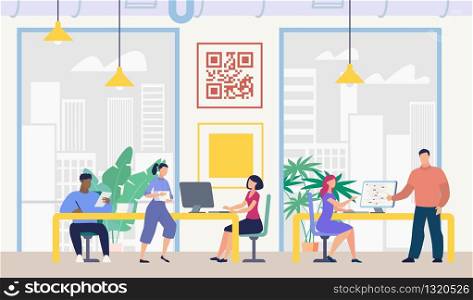 Modern Company Employees, Business, IT Startup Developers Team Members, Office Workers Siting at Workplaces, Working on Computers, Carrying Documents Stack in Coworking Office Flat Vector Illustration