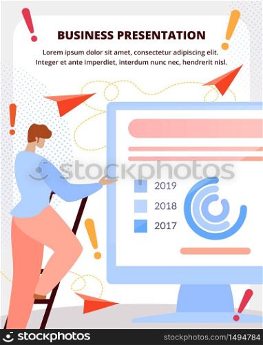 Modern Company Investment Project, Growing Report, Business Strategy Presentation Flat Vector Vertical Banner, Poster. Man Climbing on Ladder, Pointing on Company Financial Indicators Illustration