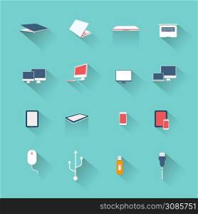 Modern computer and accessory flat icons collection with long shadow, vector illustration