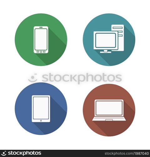 Modern computer electronics icons set. Flat design computers long shadow illustrations. Vector digital technology silhouettes symbols isolated on white. Computer electronics icons set