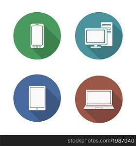 Modern computer electronics icons set. Flat design computers long shadow illustrations. Vector digital technology silhouettes symbols isolated on white. Computer electronics icons set