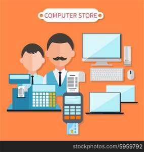 Modern computer store concept flat design. Electronic shop, tv retail, keyboard and laptop, dealer and cash register, business technology, sale and marketing, market commerce illustration