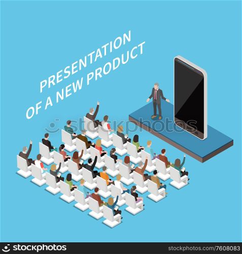 Modern conference hall presentation isometric composition with audience and new smartphone model promoter on podium vector illustration