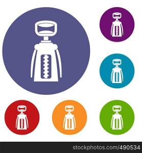 Modern corkscrew icons set in flat circle red, blue and green color for web. Modern corkscrew icons set
