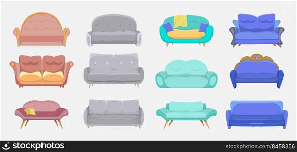 Modern couches set. Sofas for hotels and homes, living room furniture, divans for lounge interior. Vector illustrations for upholstery, apartment design, comfortable house concept