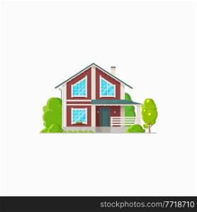 Modern country house with glass panoramic windows and porch isolated realistic icon. Vector stylish building, home on rent or sale, mansion in chalet style. Cottage townhouse with chimney pipe. Cottage house with porch residential building icon