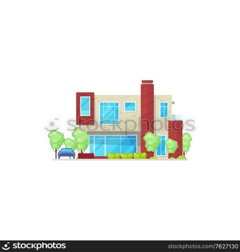 Modern country house with parked vehicle isolated realistic icon. Vector stylish building, home on rent or sale, mansion in chalet style. Glass panoramic windows, trees and bushes, townhouse cottage. Cottage house residential hotel isolated building