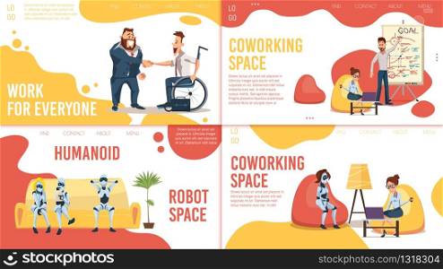 Modern Coworking Space, Job Search Service, Artificial Intelligence Technologies Startup Trendy Flat Vector Web Banners, Landing Pages Set. Working Businesspeople, Robots, Employee Hiring Illustration