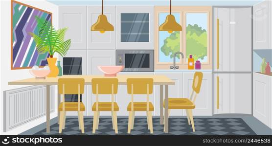 Modern cozy kitchen combined with dining room. Comfortable kitchen room equipped with appliances. Apartment concept. Vector illustration can be used for topics like home, flat, dwelling