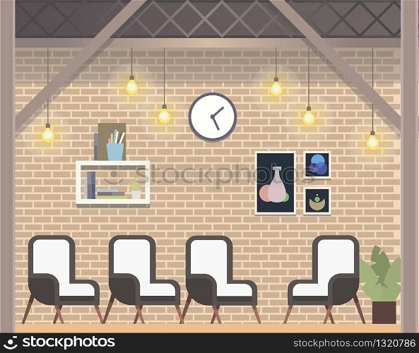 Modern Creative Coworking Workspace Loft Style. Comfortable Office Indoor Design. Creative Open Space Interior. Shared Work Area with Chair for Meeting or Conference. Flat Cartoon Vector Illustration. Modern Creative Coworking Workspace Loft Style