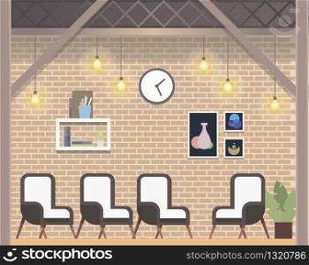 Modern Creative Coworking Workspace Loft Style. Comfortable Office Indoor Design. Creative Open Space Interior. Shared Work Area with Chair for Meeting or Conference. Flat Cartoon Vector Illustration. Modern Creative Coworking Workspace Loft Style