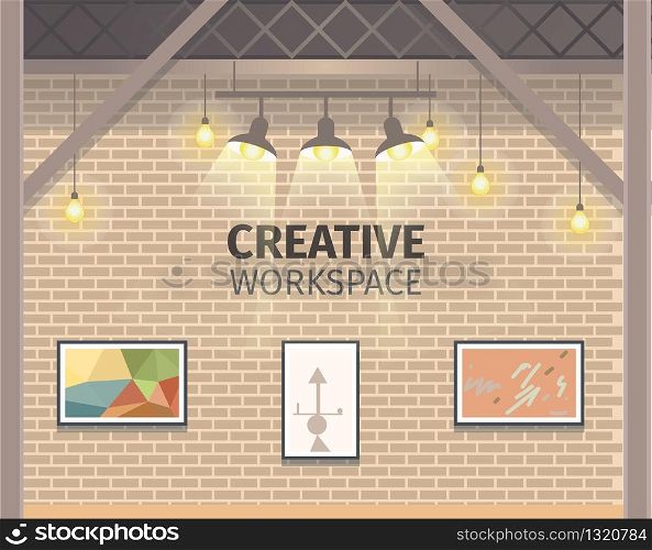 Modern Creative Freelance Working Studio Banner. Coworking Open Workspace for Work and Study. Shared Workplace with Picture on Brick Wall ang Light. Flat Cartoon Vector Illustration. Modern Creative Freelance Working Studio Banner